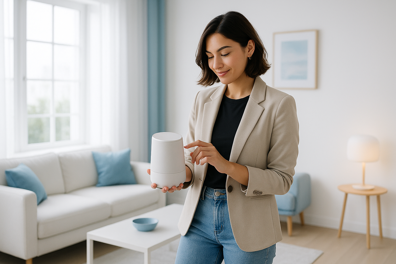 – A stylish young woman at home using a sleek gadget (e.g., wireless speaker, cozy smart lamp, or tablet) in a minimal, well-lit living room with blue/white tones.